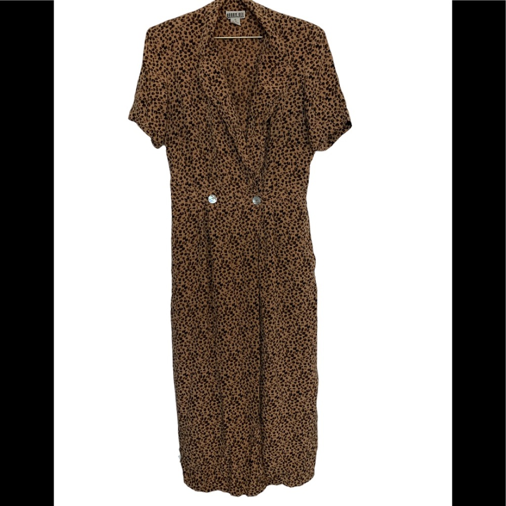Womens | Vintage Silk Leopard Shoulder Padded Dress Long Collard Short Sleeve